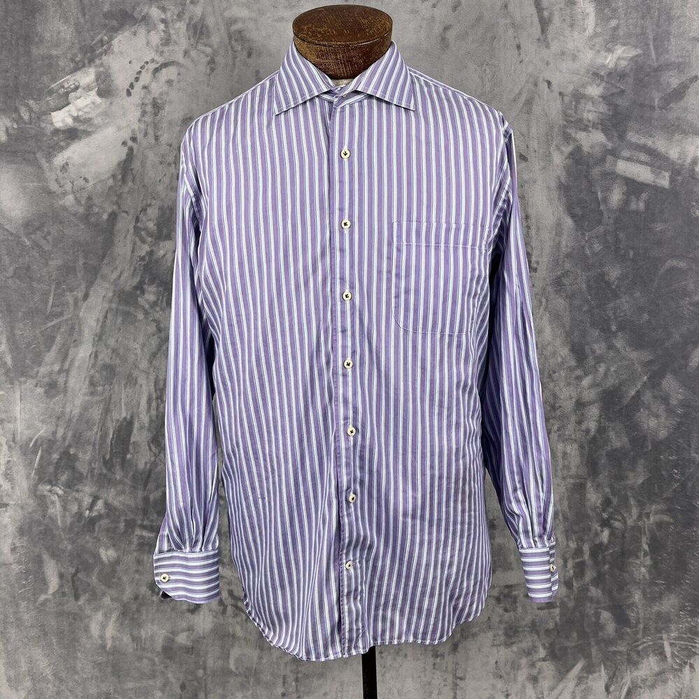 Peter Millar Shirt Men's Size Large Purple Blue Striped Long Sleeve Button Up